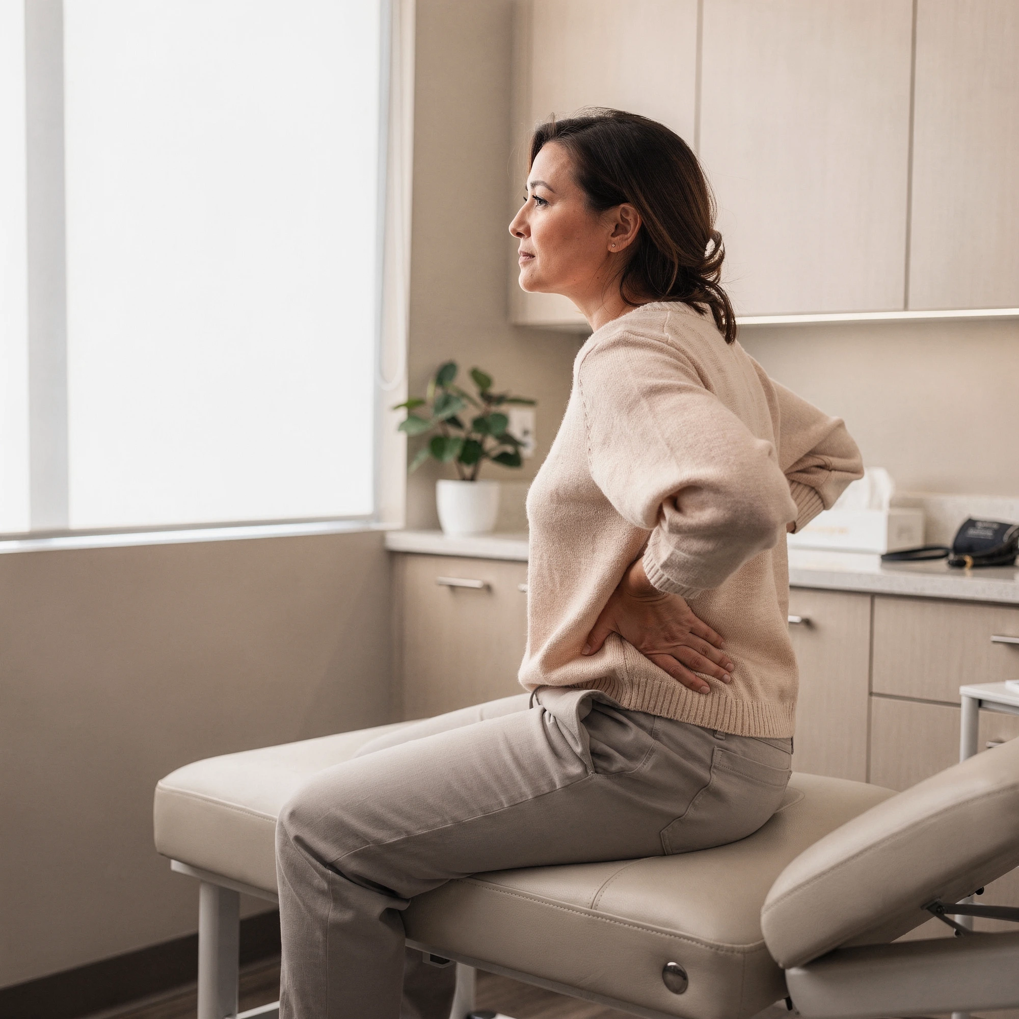 Woman sitting on an examination table holding her lower back in pain